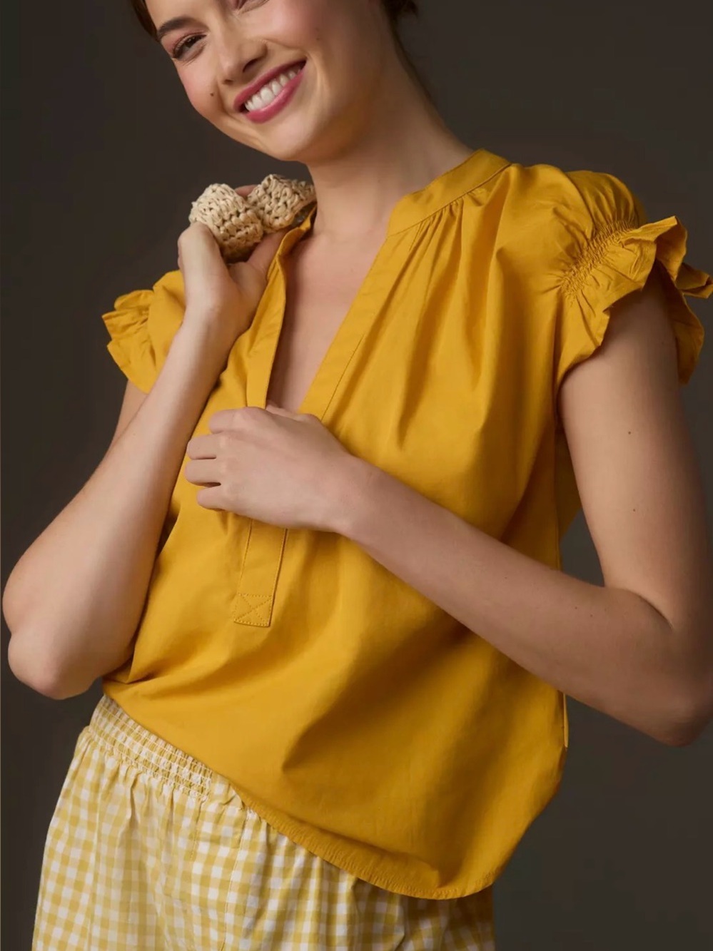 Pilcro Tatum Flutter Sleeve Blouse Mustard Yellow Size S